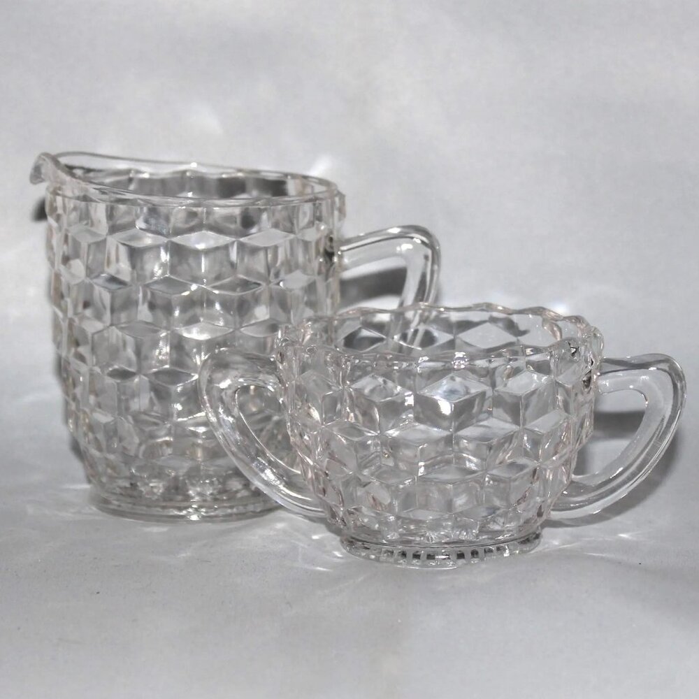 Jeanette Glass Cubist Sugar Bowl & Creamer Set | Clear Cube Pattern